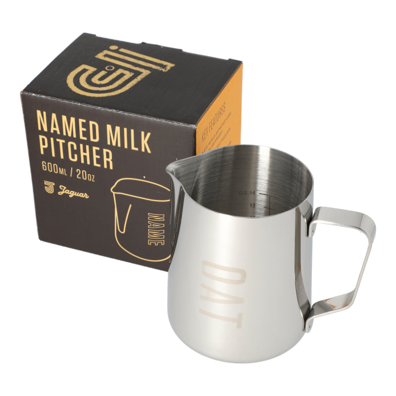 JAGUAR NAMED MILK FOAMING JUG WITH ETCHED VOLUME MEASURES - 0.6 LITRE 'OAT'
