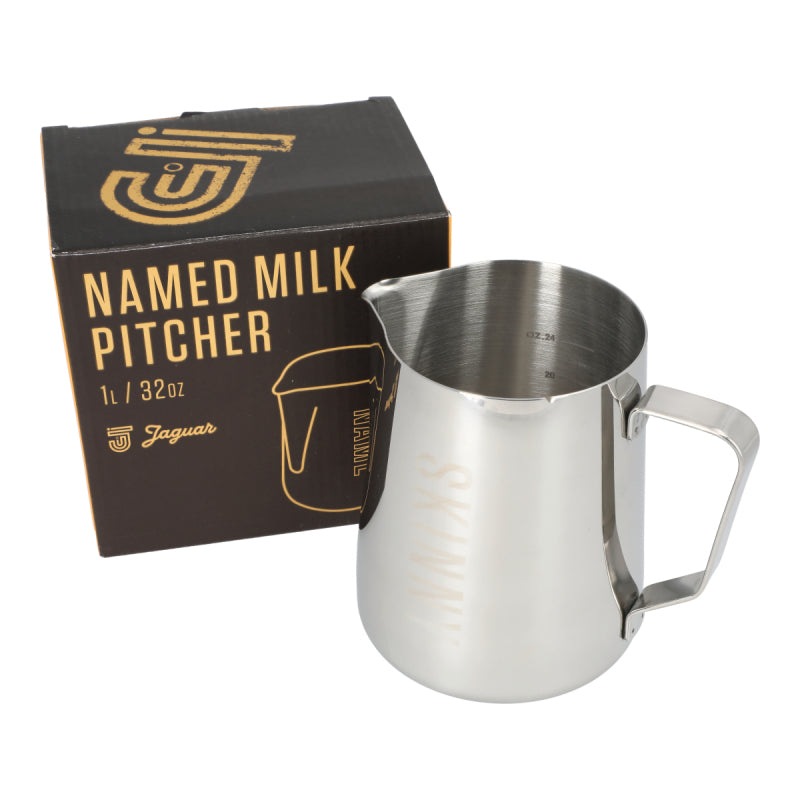 JAGUAR NAMED MILK FOAMING JUG WITH ETCHED VOLUME MEASURES - 1 LITRE 'SKINNY'