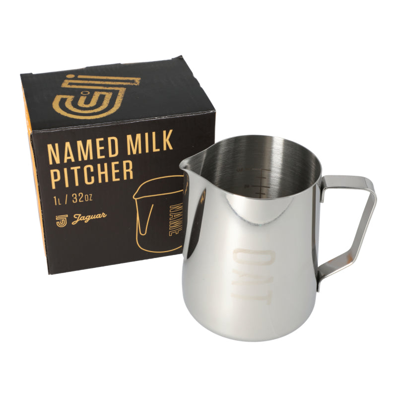 JAGUAR NAMED MILK FOAMING JUG WITH ETCHED VOLUME MEASURES - 1 LITRE 'OAT'