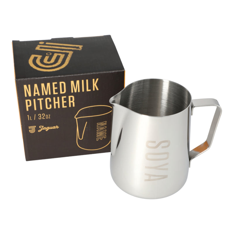 JAGUAR NAMED MILK FOAMING JUG WITH ETCHED VOLUME MEASURES - 1 LITRE 'SOYA'