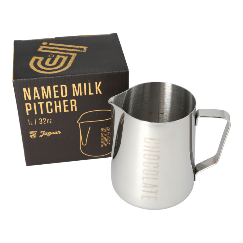 JAGUAR NAMED MILK FOAMING JUG WITH ETCHED VOLUME MEASURES - 0.6 LITRE 'CHOCOLATE'
